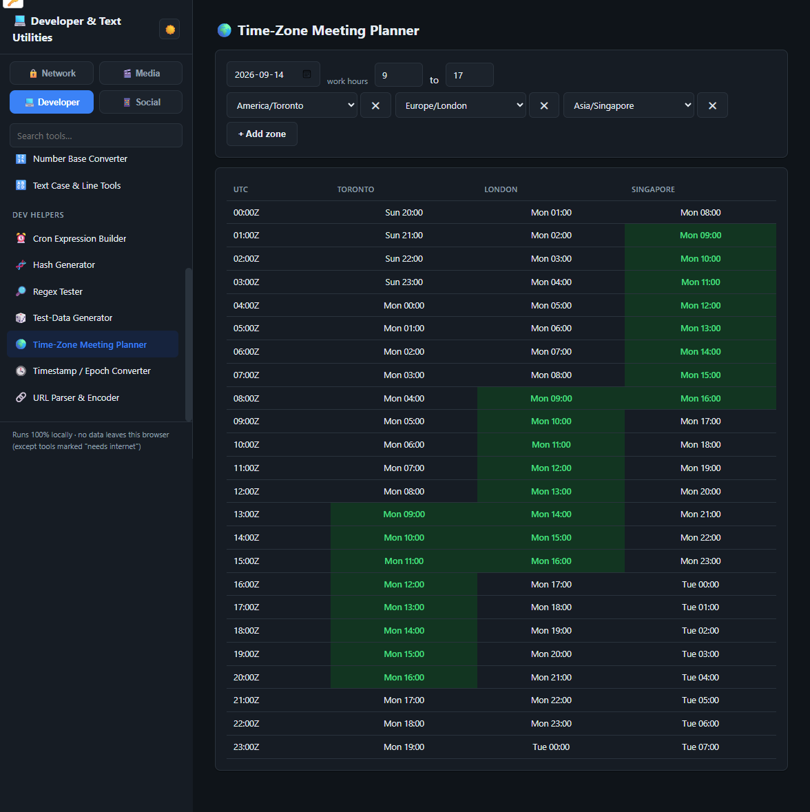 Utilities Toolkit Developer workspace showing the Time-Zone Meeting Planner tool