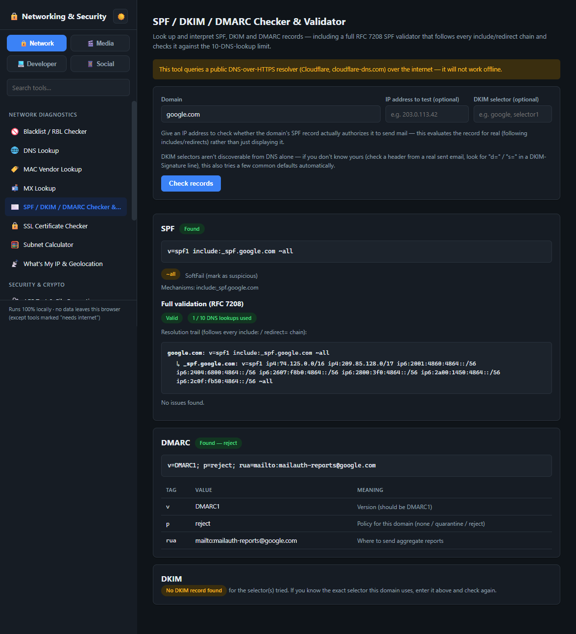 Utilities Toolkit Network workspace showing the SPF/DKIM/DMARC Checker & Validator tool