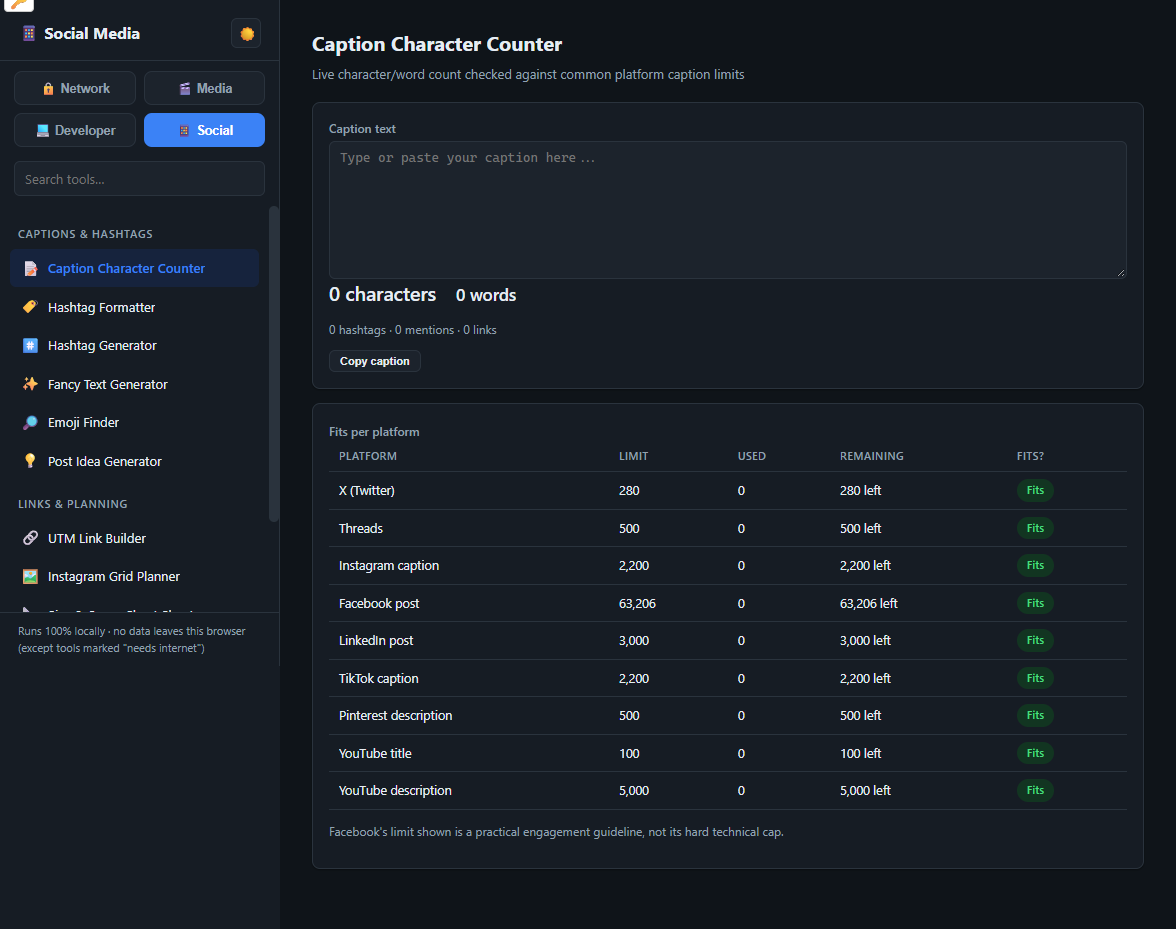 Utilities Toolkit Social workspace showing the Caption Character Counter tool with per-platform limits